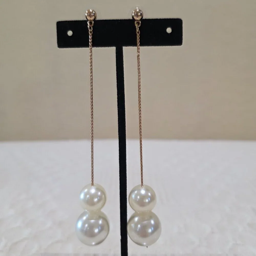 BP Nordstrom Long Two Faux Pearl Gold Chain Dangle Pierced Earrings